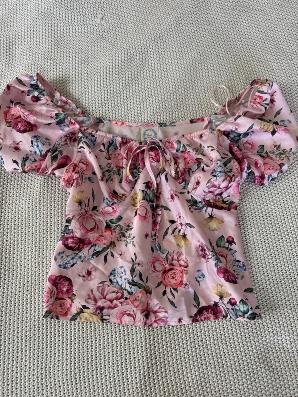 Blue Rain Silk Pink Floral Off-Shoulder Crop Top